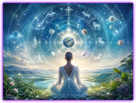 Meditierende Frau vor einer kosmischen Himmelskarte mit Tierkreiszeichen, Planeten und der Erde als Symbol für die Verbindung zwischen sichtbarer und unsichtbarer Welt.
