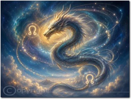 Kosmischer Drache zwischen den Symbolen der Mondknoten