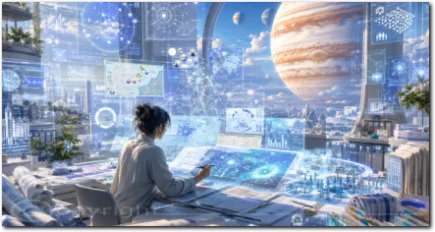 Rückläufiger Jupiter im Wassermann als Visionärin in einem hellen Arbeitsraum mit digitalen Karten und Jupiter am Himmel.