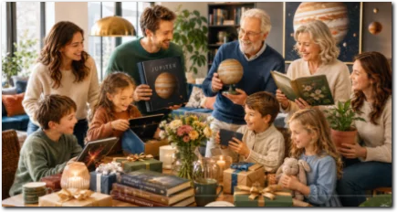 Mehrgenerationenfamilie öffnet gemeinsam Geschenke und betrachtet Bücher, Pflanzen sowie ein Modell des Planeten Jupiter.