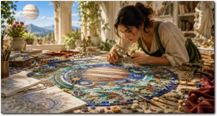 Rückläufiger Jupiter in der Jungfrau als konzentrierte Frau bei detailgenauer Arbeit an einem kunstvollen Mosaik.