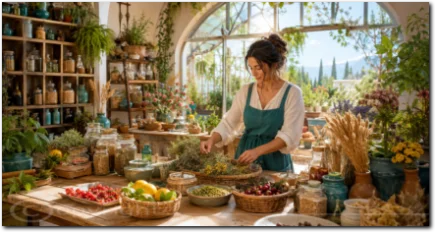 Jupiter in der Jungfrau als Frau bei sorgfältiger Arbeit mit Kräutern und Naturgaben in einem hellen Raum.