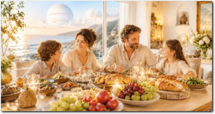 Jupiter im Krebs als Familie an einem reich gedeckten Tisch mit Blick auf Meer und helle Himmelslandschaft.