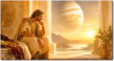 Rückläufiger Jupiter im Löwen als nachdenkliche königliche Gestalt vor weitem Horizont und leuchtendem Jupiter.