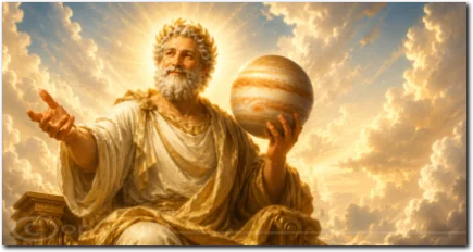 Bärtiger Jupiter hält den Planeten Jupiter in der Hand vor einem hellen, wolkenreichen Himmel.
