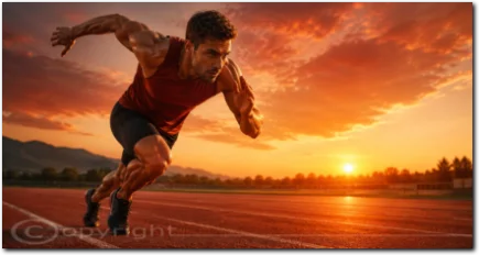 Athletischer Sprinter startet kraftvoll auf einer Laufbahn im Licht des Sonnenuntergangs.