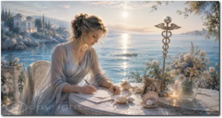 Eine Frau schreibt am Meer an einem Tisch mit Muscheln, Blumen und einem Merkurstab.