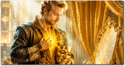 Ein nachdenklicher Mann hält eine goldene Maske vor einem Spiegel in einem hellen Raum.