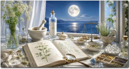 Botanisches Buch mit Kräutern, Waage und Mörser unter dem Vollmond