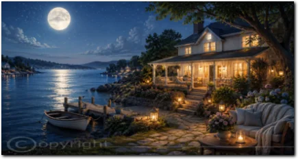 Beleuchtetes Haus am Wasser unter einem hellen Vollmond