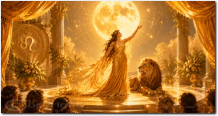 Frau mit Löwe auf einer goldenen Bühne unter dem Vollmond