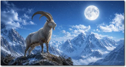 Steinbock auf einem Felsen unter dem Vollmond in den Bergen