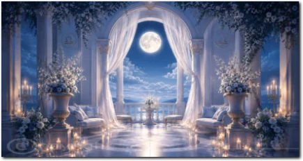 Elegante Terrasse mit weißen Vorhängen und Vollmond