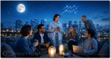 Gruppe von Menschen auf einer Dachterrasse unter dem Vollmond und dem Wassermann-Symbol