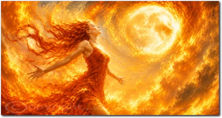 Frau in rotem Kleid unter einem leuchtenden Mond
