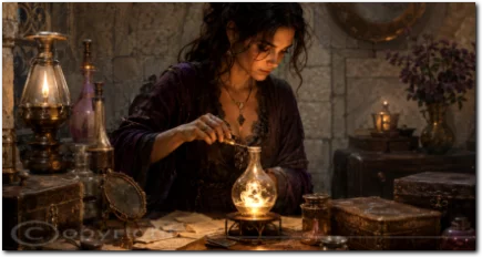 Eine Frau arbeitet konzentriert mit Glasgefäßen und Licht in einer alchemistischen Werkstatt und symbolisiert Tiefe, Kontrolle und innere Wandlung bei Saturn im Skorpion.