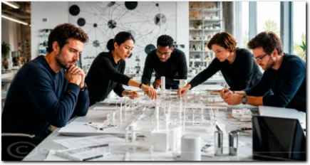Ein Team arbeitet gemeinsam an einem Modell und symbolisiert Zusammenarbeit, geistige Unabhängigkeit und die Prüfung gemeinsamer Ideen bei rückläufigem Saturn im Wassermann.