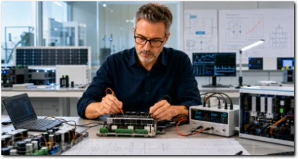 Ein Mann arbeitet konzentriert an elektronischen Bauteilen in einem modernen Labor und symbolisiert Präzision, Innovation und Verantwortung bei Saturn im Wassermann.