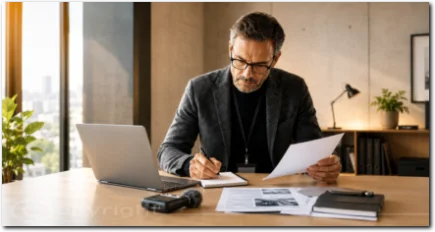 Ein Mann arbeitet konzentriert mit Dokumenten und Laptop und symbolisiert Struktur, Analyse und verantwortliche Kommunikation bei Saturn in den Zwillingen.