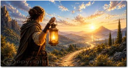 Frau mit leuchtender Laterne blickt auf einen gewundenen Weg durch eine weite Berglandschaft bei Sonnenaufgang