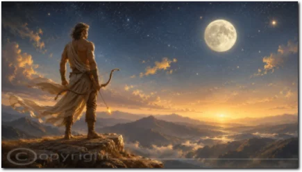 Bogenschütze blickt unter dem Vollmond über eine weite Berglandschaft