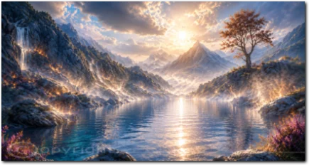 Helles Bergtal mit See, aufsteigender Sonne, Nebel und einem einzelnen Baum