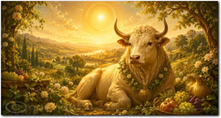Stier in einer fruchtbaren Landschaft mit Blumen und Früchten