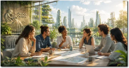Gruppe von Menschen bei einer Besprechung auf einer Terrasse mit futuristischer Stadt im Hintergrund
