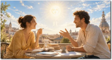 Frau und Mann unterhalten sich an einem Tisch auf einer Terrasse