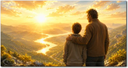 Vater und Sohn blicken gemeinsam auf eine sonnendurchflutete Landschaft
