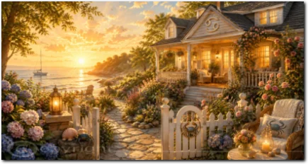 Helles Haus am Meer mit blühendem Garten bei Sonnenaufgang