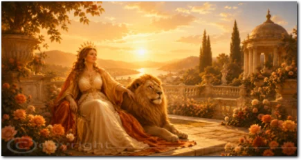 Eine Frau in goldener Kleidung sitzt im warmen Licht neben einem Löwen.