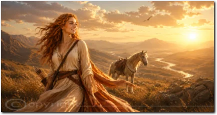 Eine Frau blickt im goldenen Abendlicht über eine weite Landschaft, neben ihr ein Pferd.