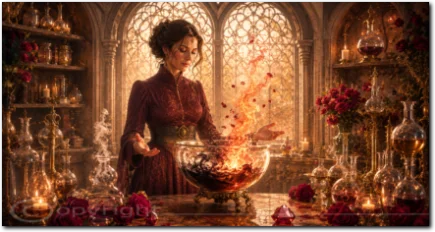 Eine Frau arbeitet in einem alchemistischen Raum mit Feuer, Rosen und dunklen Essenzen.