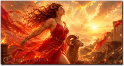 Eine Frau in rotem Kleid steht in einer feurigen Landschaft neben einem Widder.