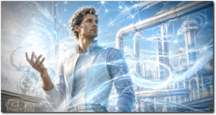 Mann in heller Kleidung steht in einer futuristischen Umgebung mit leuchtenden Energielinien und technischen Strukturen