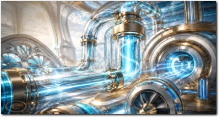 Futuristische technische Anlage mit gläsernen Röhren, metallischen Maschinen und leuchtenden blauen Energieströmen